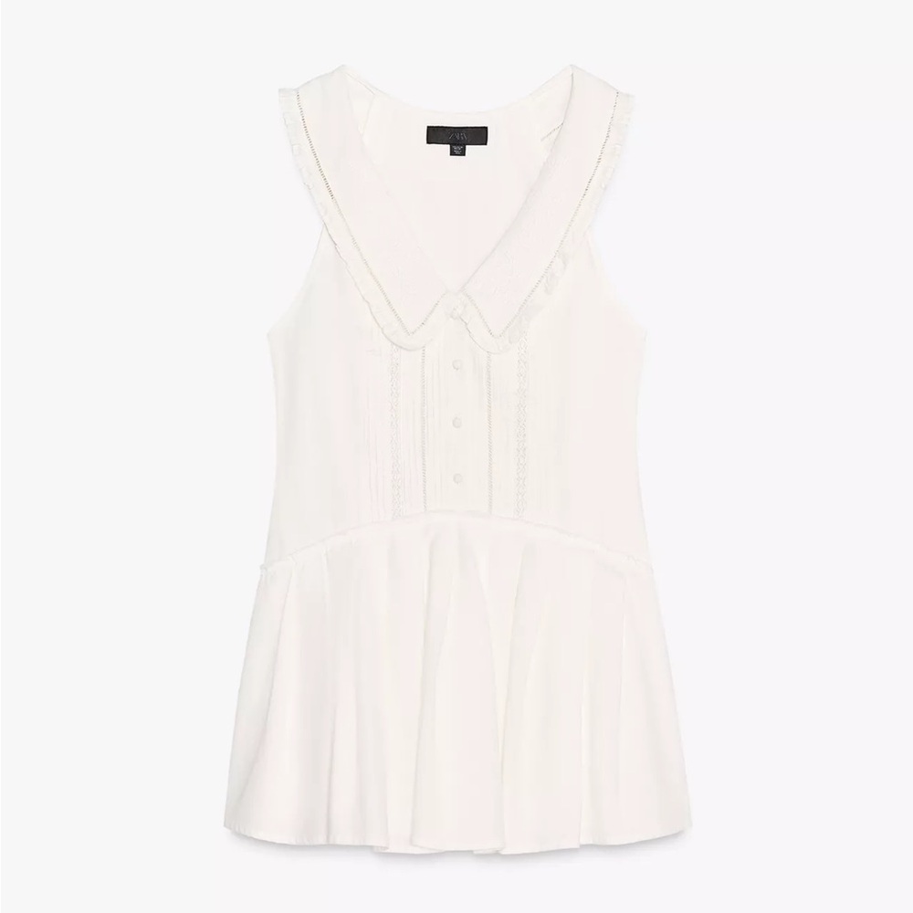 Zara NWT Women’s White Pleated Peter Pan collared lace dress